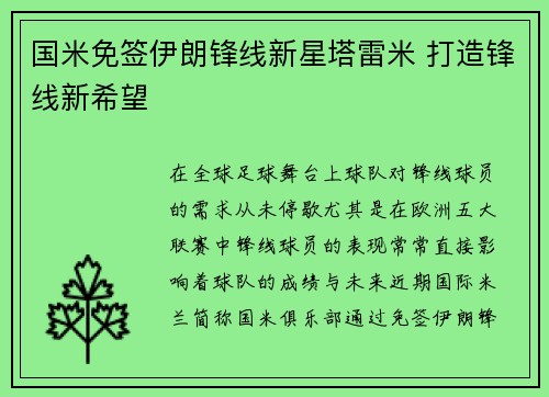 国米免签伊朗锋线新星塔雷米 打造锋线新希望