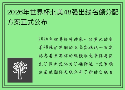 2026年世界杯北美48强出线名额分配方案正式公布
